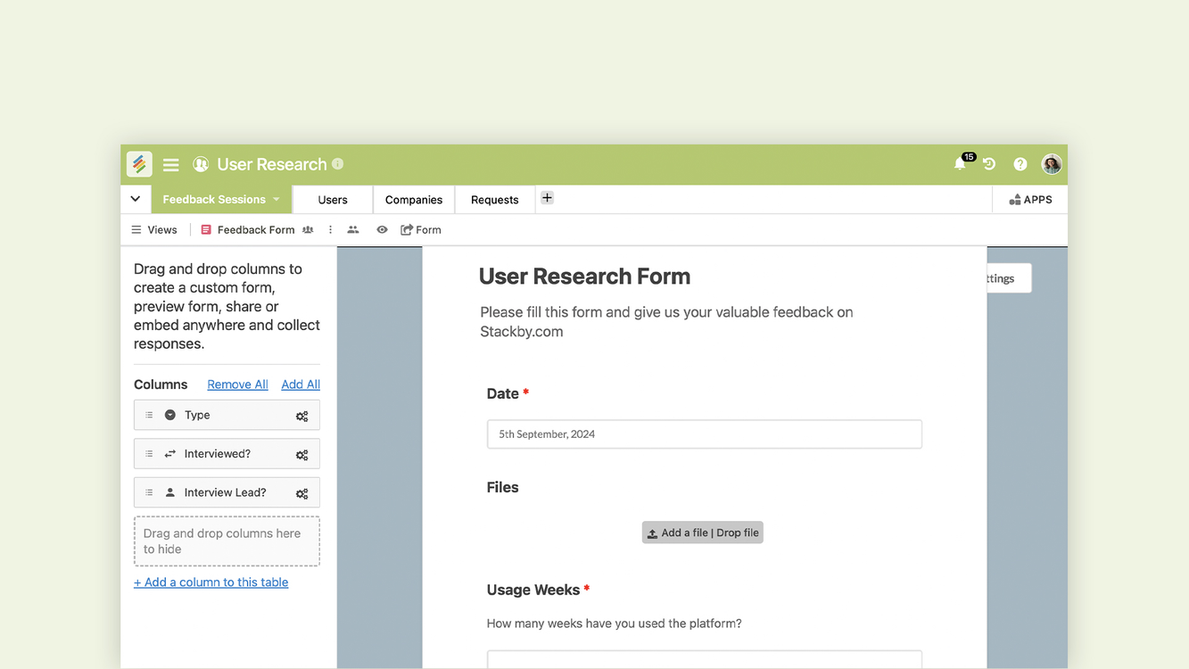 Stackby User Research Template for collecting and analyzing user insights. Templates