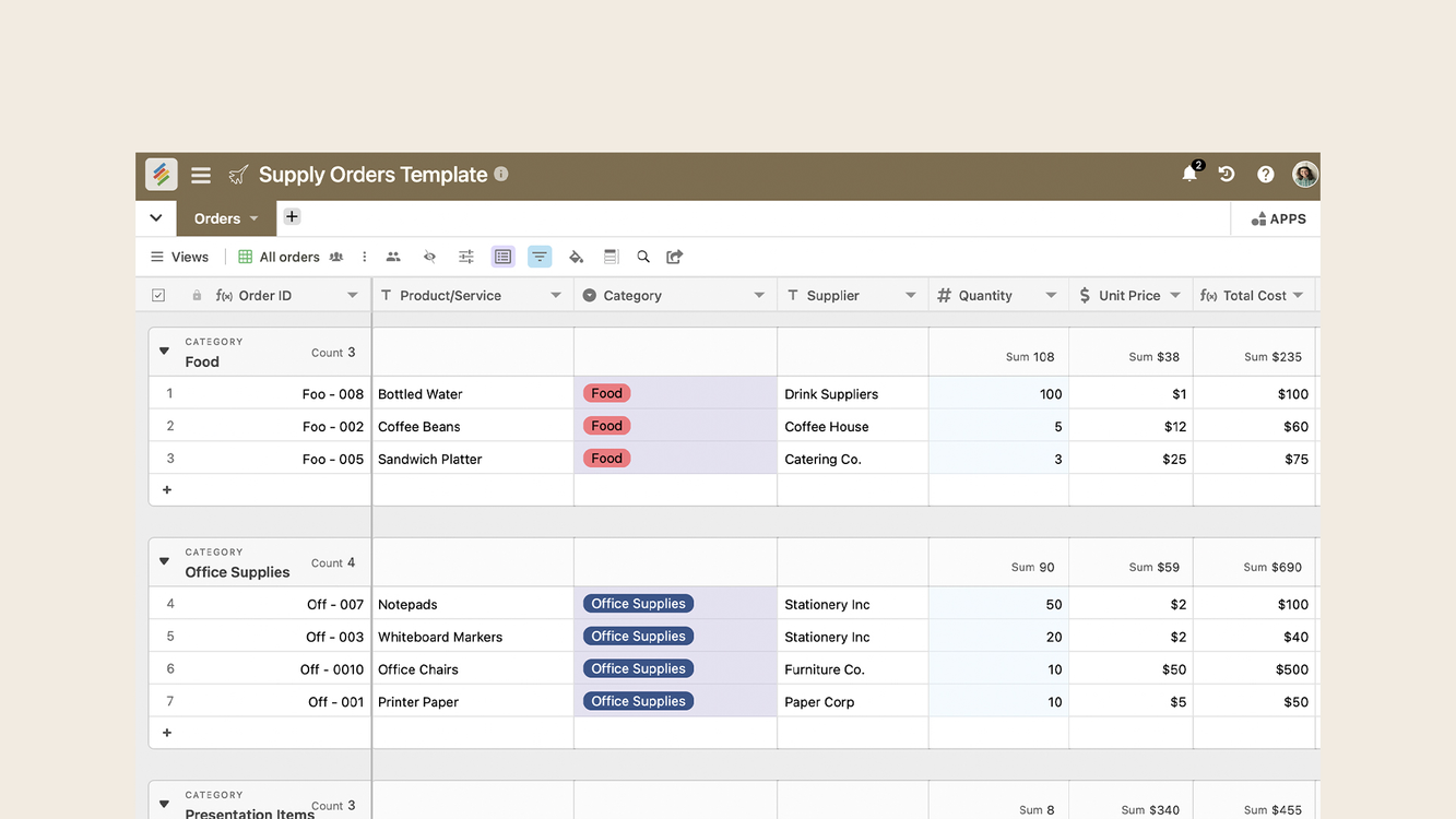 Supply Orders Template - Stackby Templates