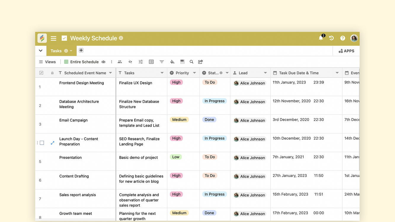 Stackby Weekly Schedule Template for planning tasks, appointments, and priorities. Templates