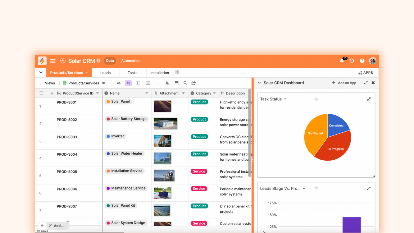 Solar CRM Template for managing solar projects, leads, and sales using Stackby. Templates