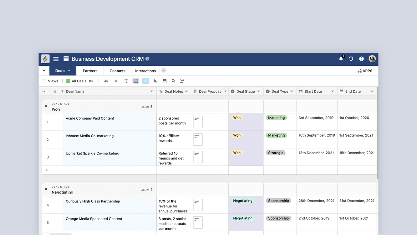 Business Development CRM Template - Stackby Templates