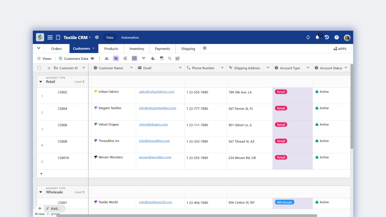 Textile CRM & Order Management Template for tracking orders, inventory, and customers. Templates
