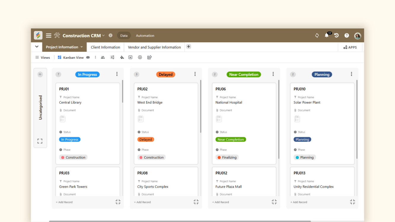 Construction CRM Template for project tracking and client management. Templates