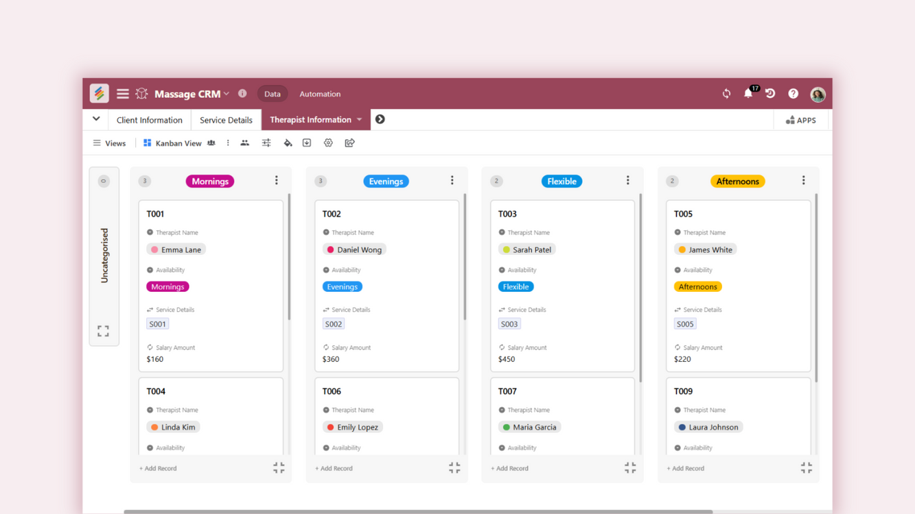 Massage CRM template for client management and service tracking. Templates