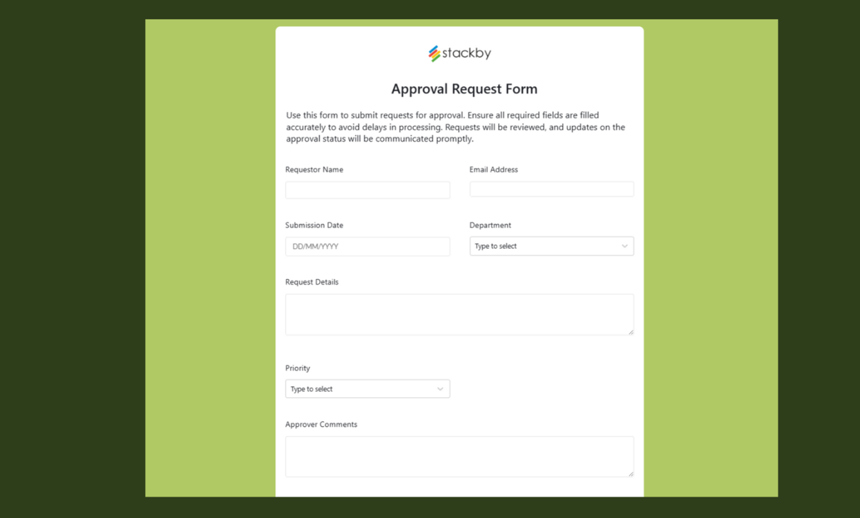 Streamlined Approval Form Template for managing and tracking requests in Stackby. Templates
