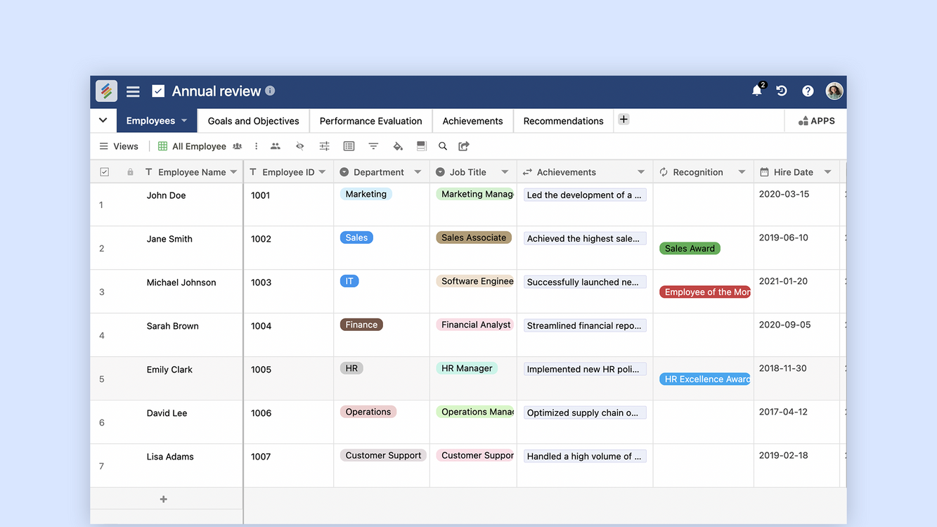 Stackby Annual Review Template for efficient employee performance tracking. Templates