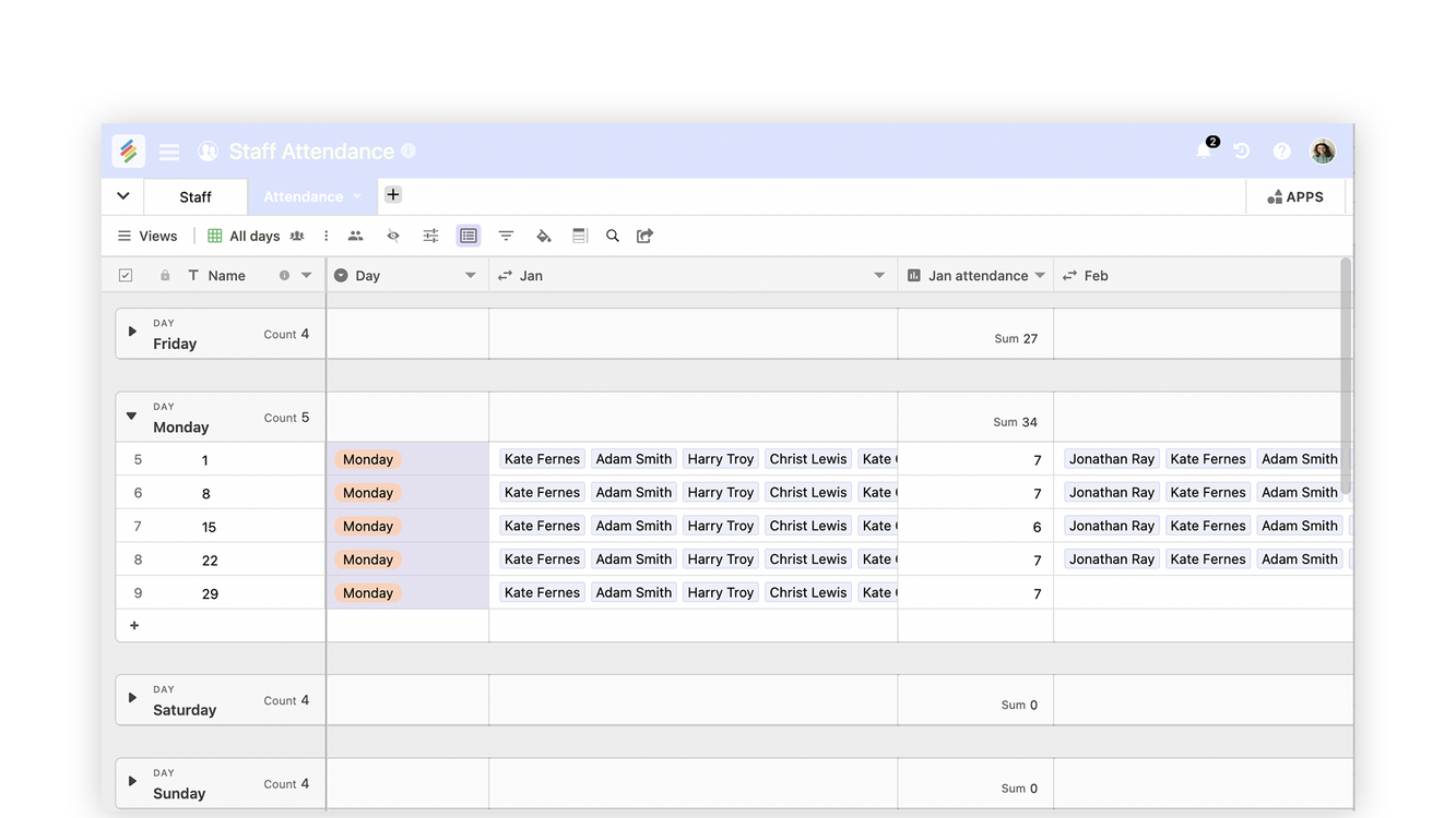 Stackby Staff Attendance Template for tracking employee attendance and work hours. Templates