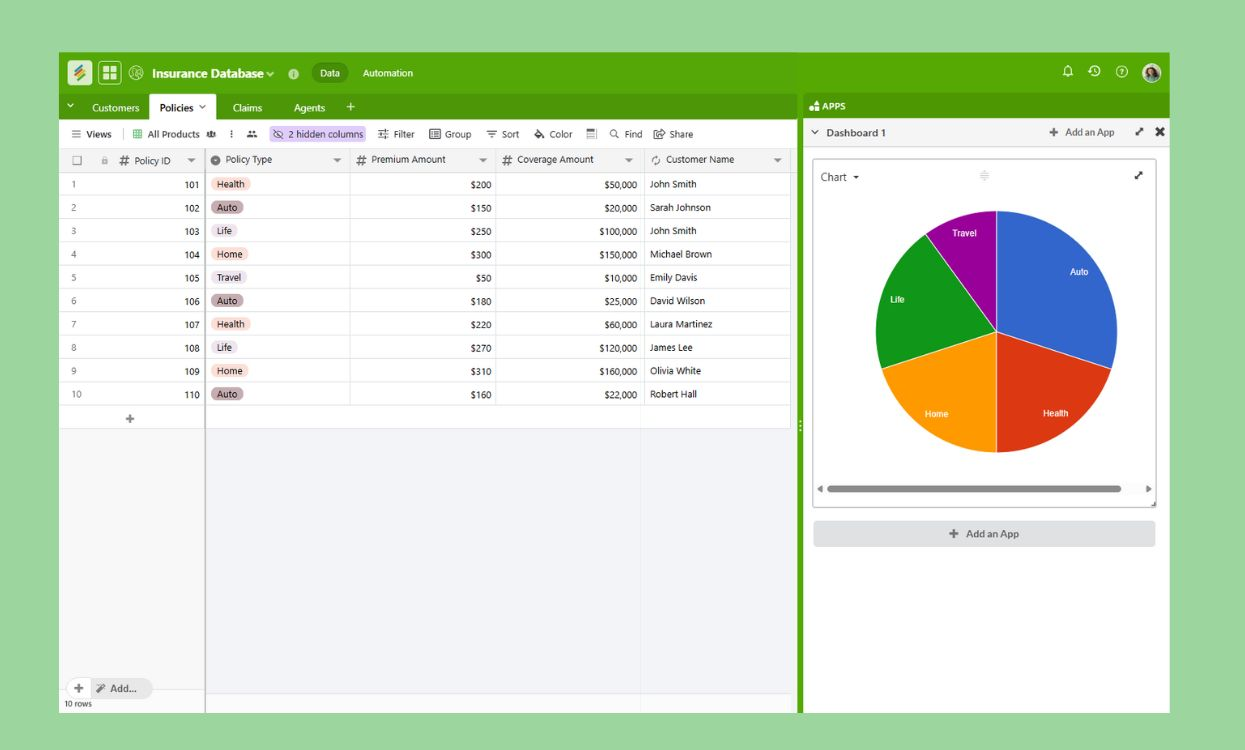 Insurance Database template for managing policies, customers, claims, and agents. Templates