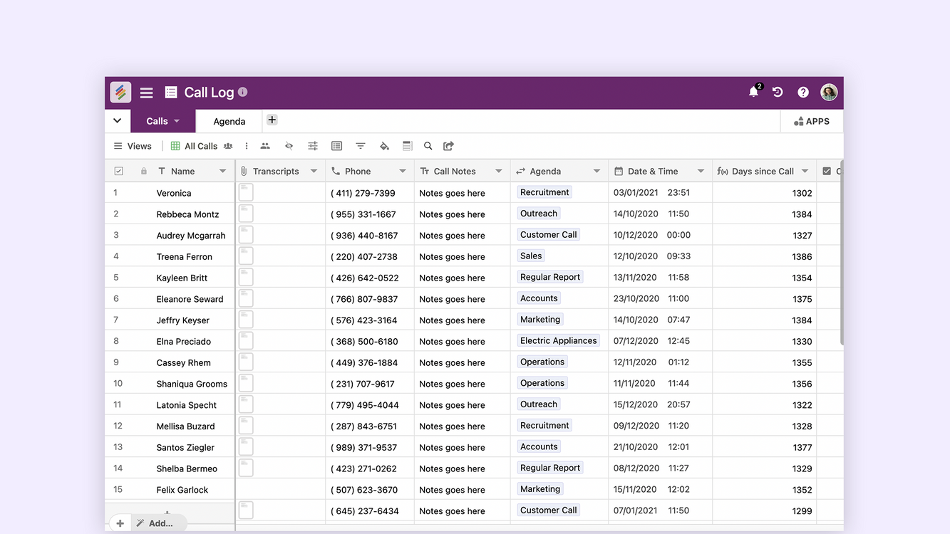 Call Log Template By Stackby Templates