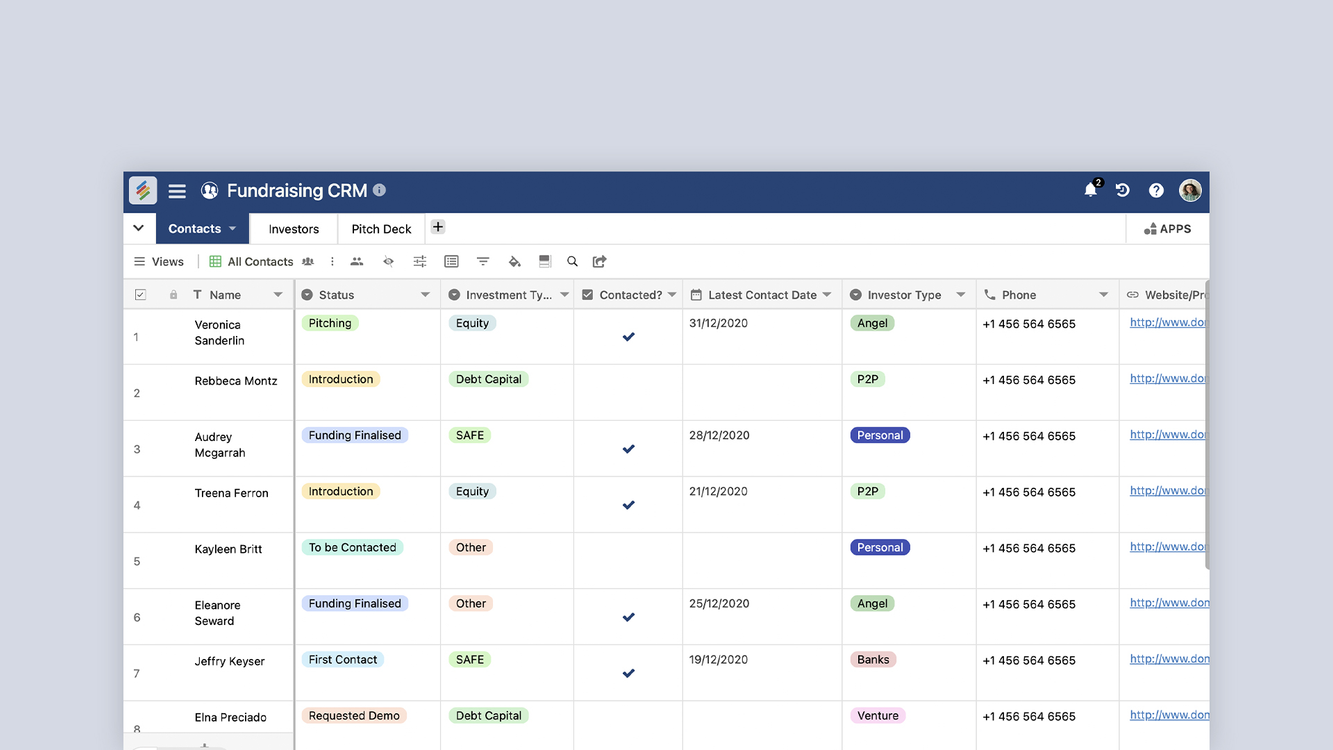 Fundraising CRM Template for tracking donors, campaigns, and fundraising progress. Templates