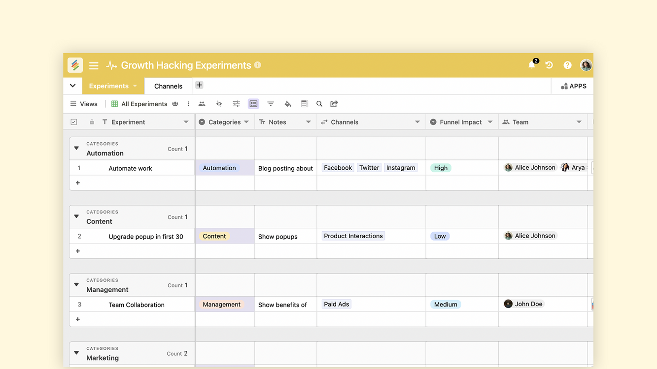 Growth Hacking Experiments Template By Stackby Templates