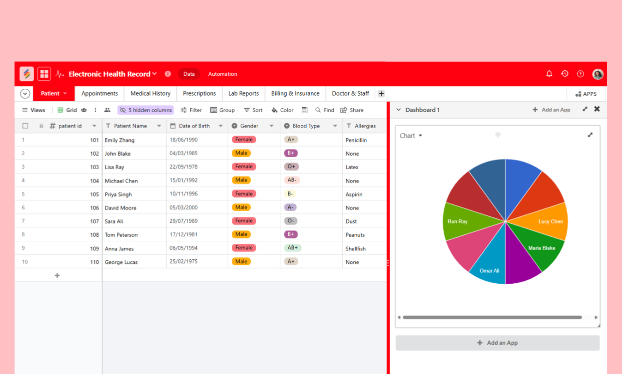 Electronic health record dashboard showing patient details and treatment history  Templates