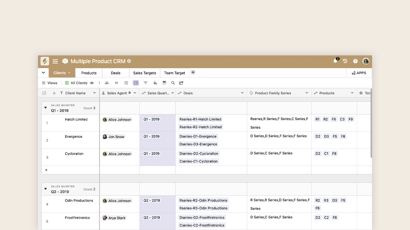 Stackby Multiple Product CRM Template for managing products, sales, and inventory. Templates