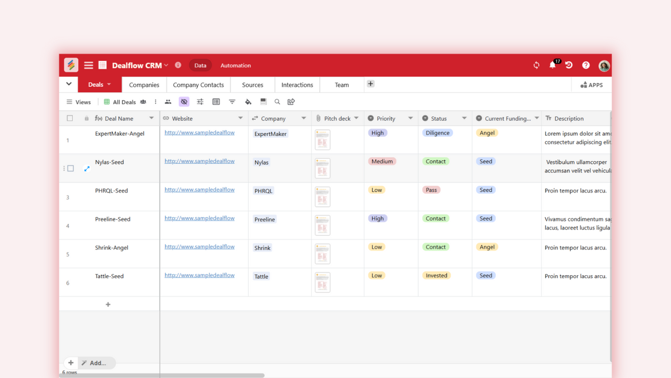 Dealflow CRM Template for tracking sales and investment pipelines. Templates