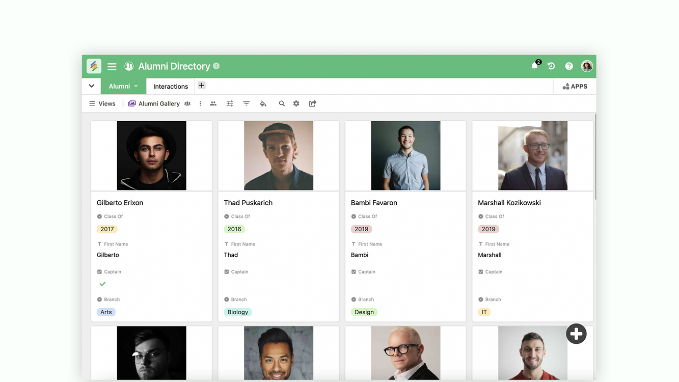 Alumni Directory Template for managing and organizing alumni contact data in Stackby. Templates