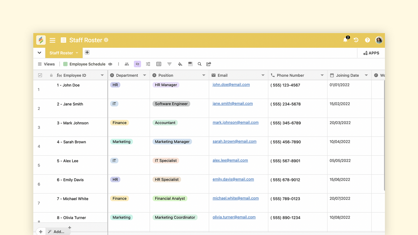 Stackby Staff Roster Template for scheduling and managing employee shifts. Templates