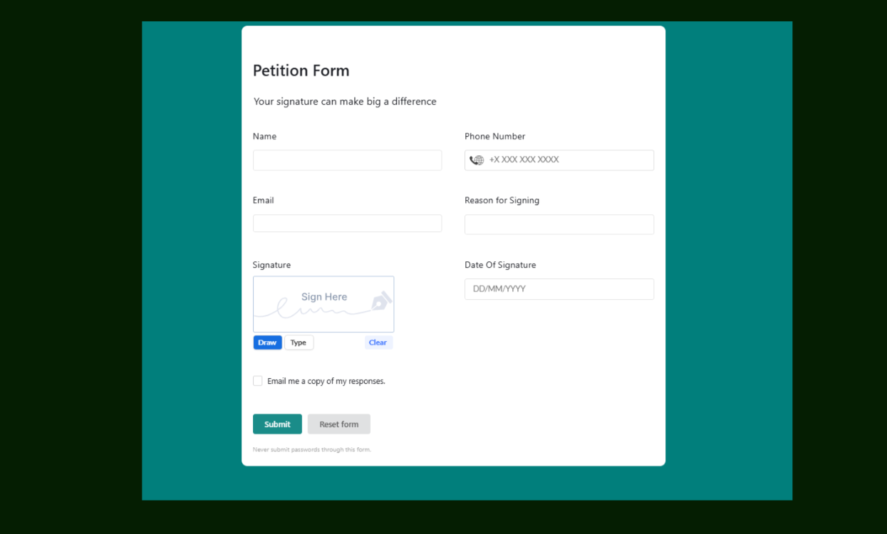 A customizable online petition form with e-signature collection feature Templates