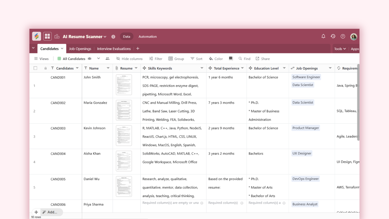 Free AI Resume Scanner Template by Stackby Templates