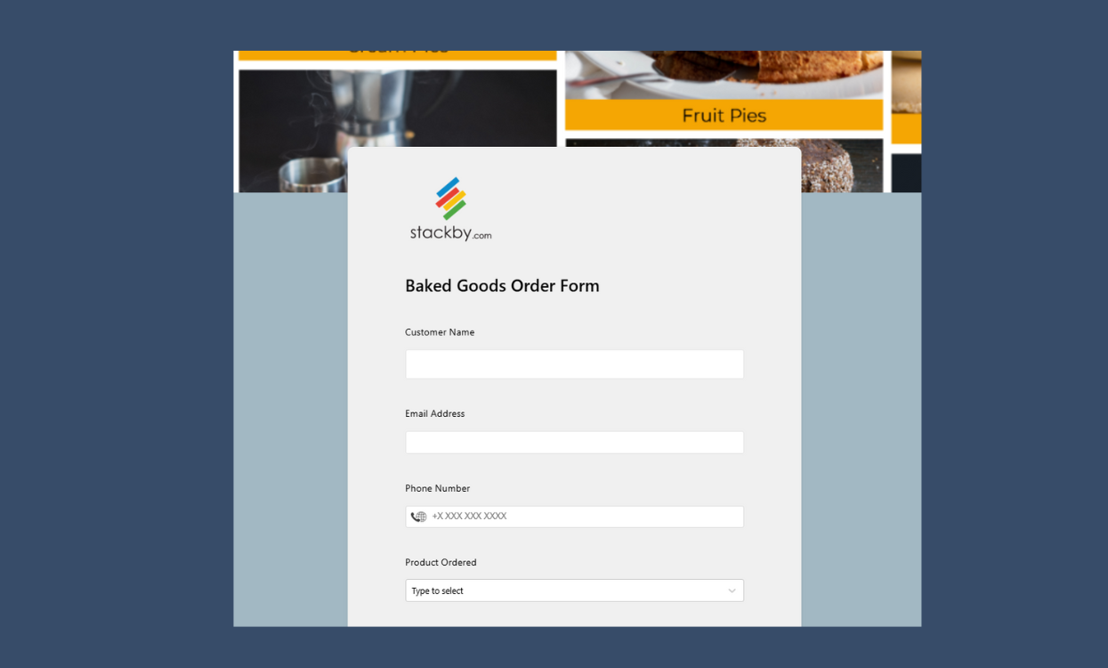 Stackby Baked Goods Order Form Template interface showing customer orders and delivery tracking. Templates