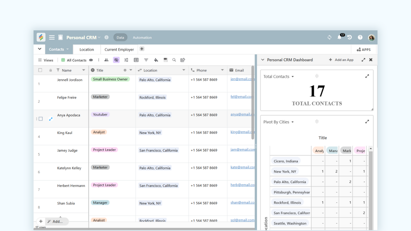 Stackby Personal CRM Template for organizing contacts and managing relationships. Templates