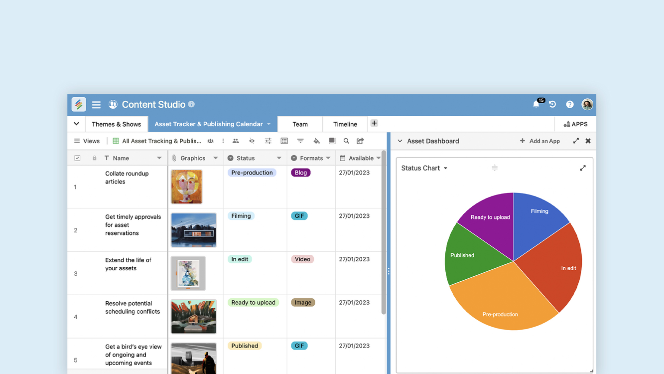 Content Studio Template interface on Stackby, showing project and content management features. Templates