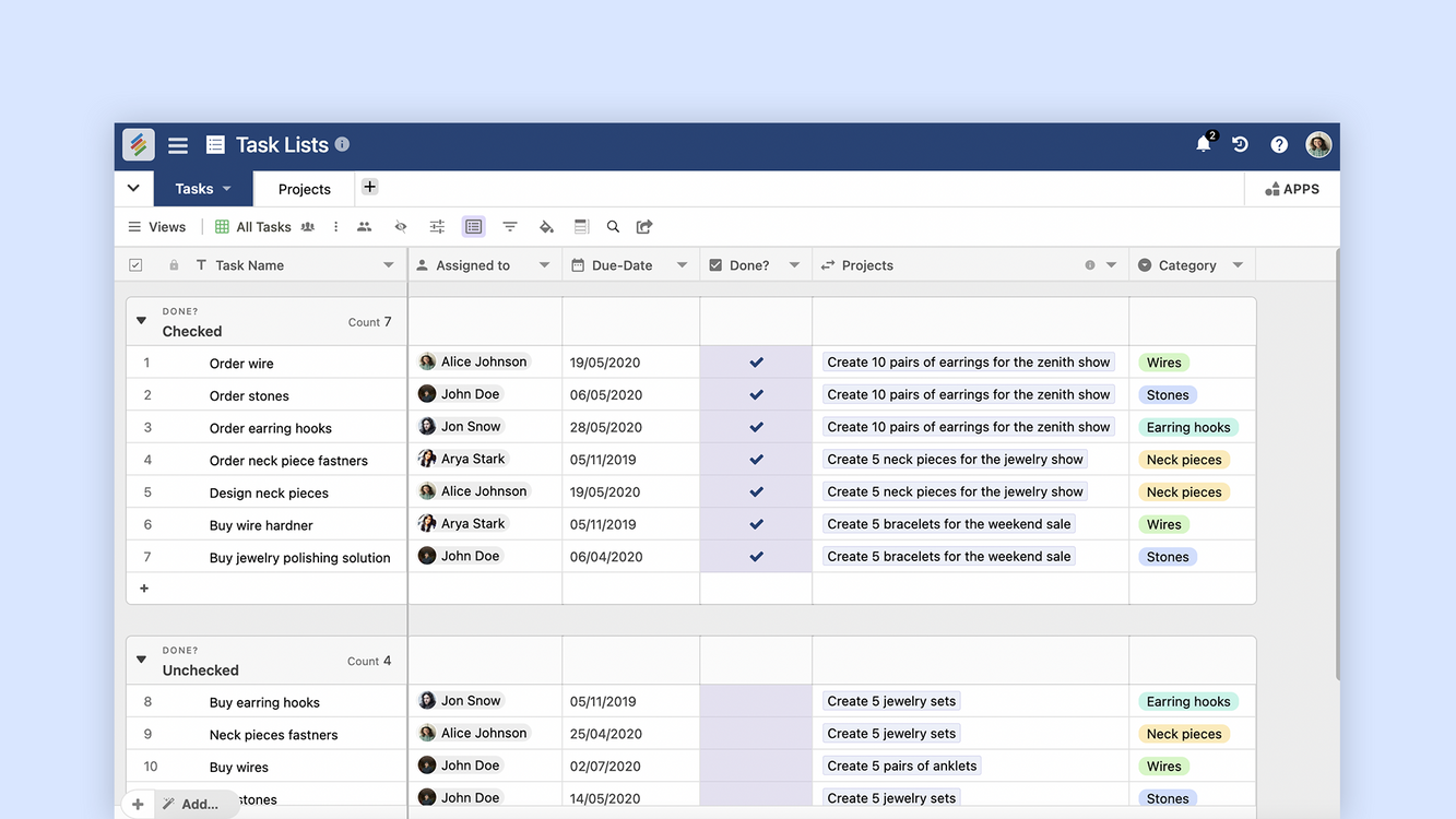 Task Lists Template in Stackby for tracking tasks, priorities, and deadlines. Templates