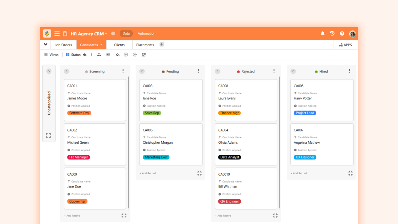 HR Agency CRM Template for managing job orders, candidates, and placements. Templates