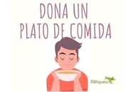 A boy inhaling a bowl of food under the quote, "Dona Una Plato De Comida."
