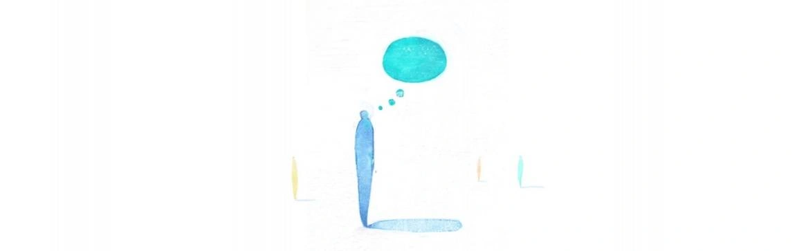 An illustration of a blue person with a thought bubble above their head.