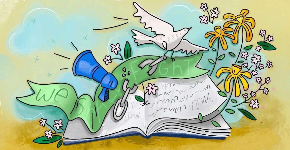 A book, broken chains, a dove, and a megaphone, symbolizing breaking free through art.
