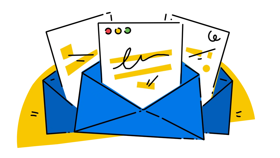 Illustration of three emails in envelopes.