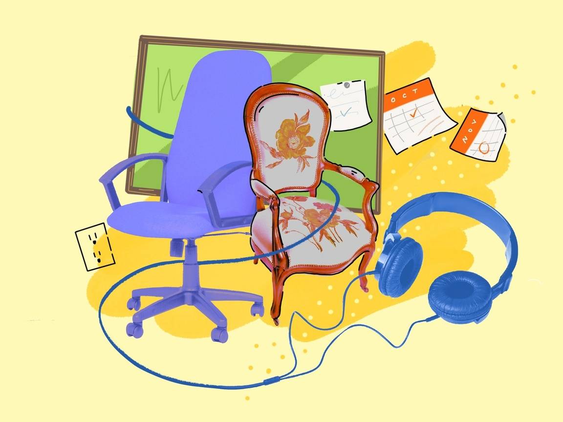 Illustration of an office chair, dining table chair, calendar pages, a cork board and headphones.