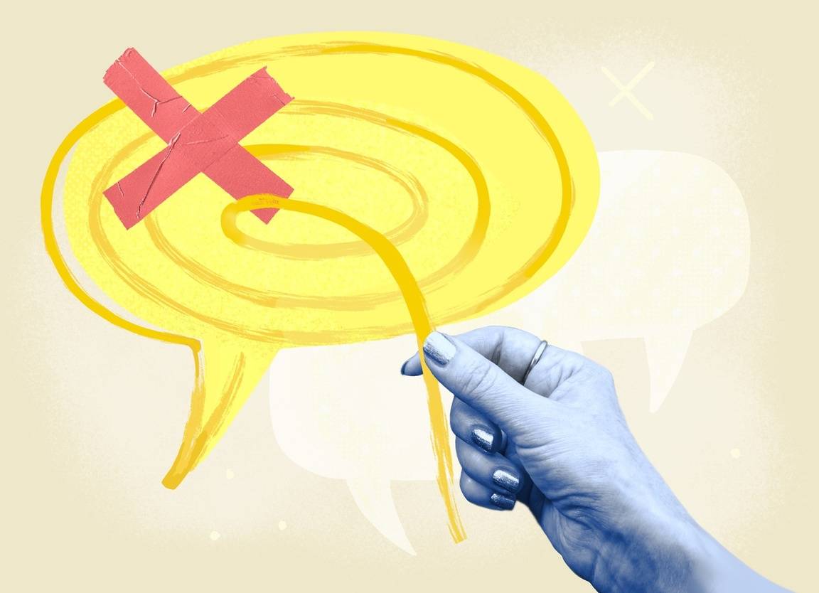 A speech bubble with an X inside, and a hand pulling it away.