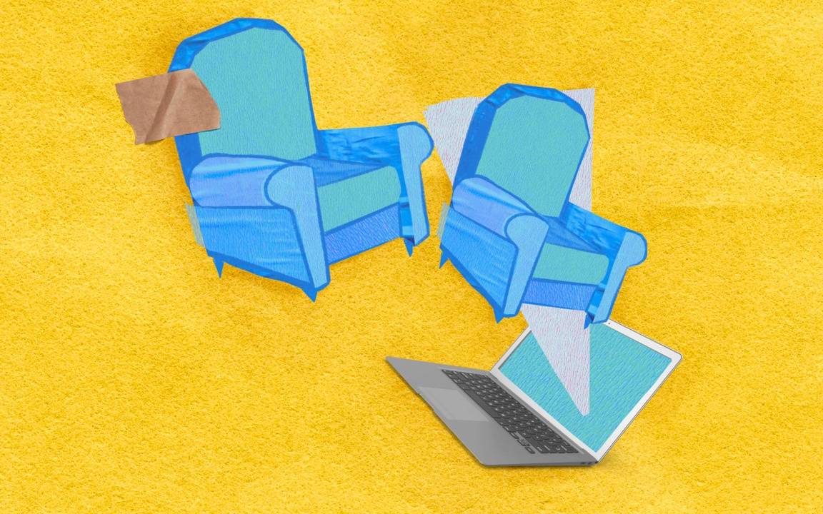 Illustration of two sofa chairs and a laptop.