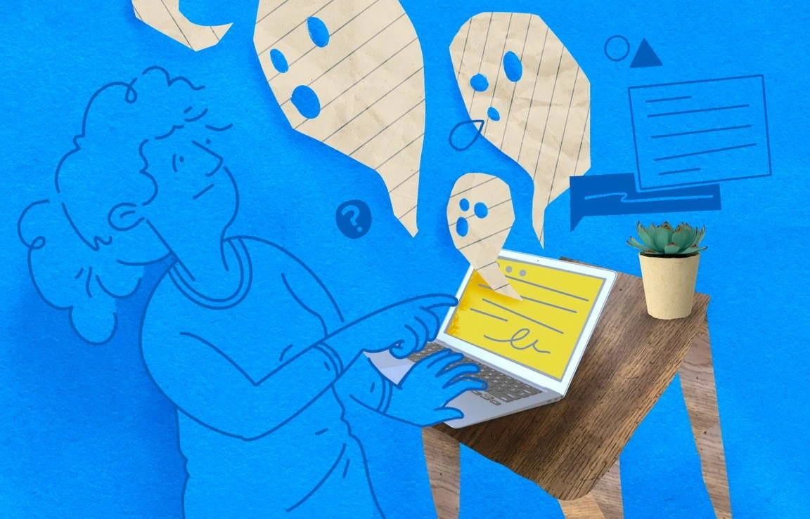 An illustration of a young woman standing in front of her laptop, with loose leaf paper ghosts coming out of it