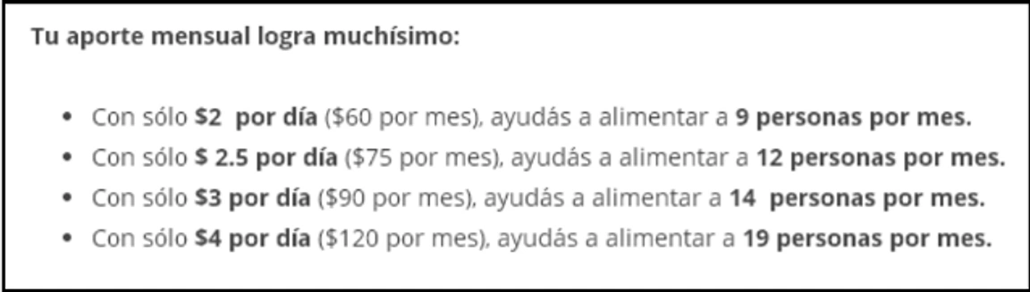 Tabla sobre lo que representa cada monto de aporte