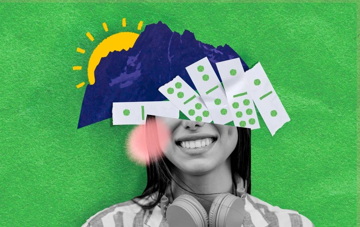 Illustration of a young woman smiling, with drawings of falling dominos, a mountain, and a sunrise covering her eyes.