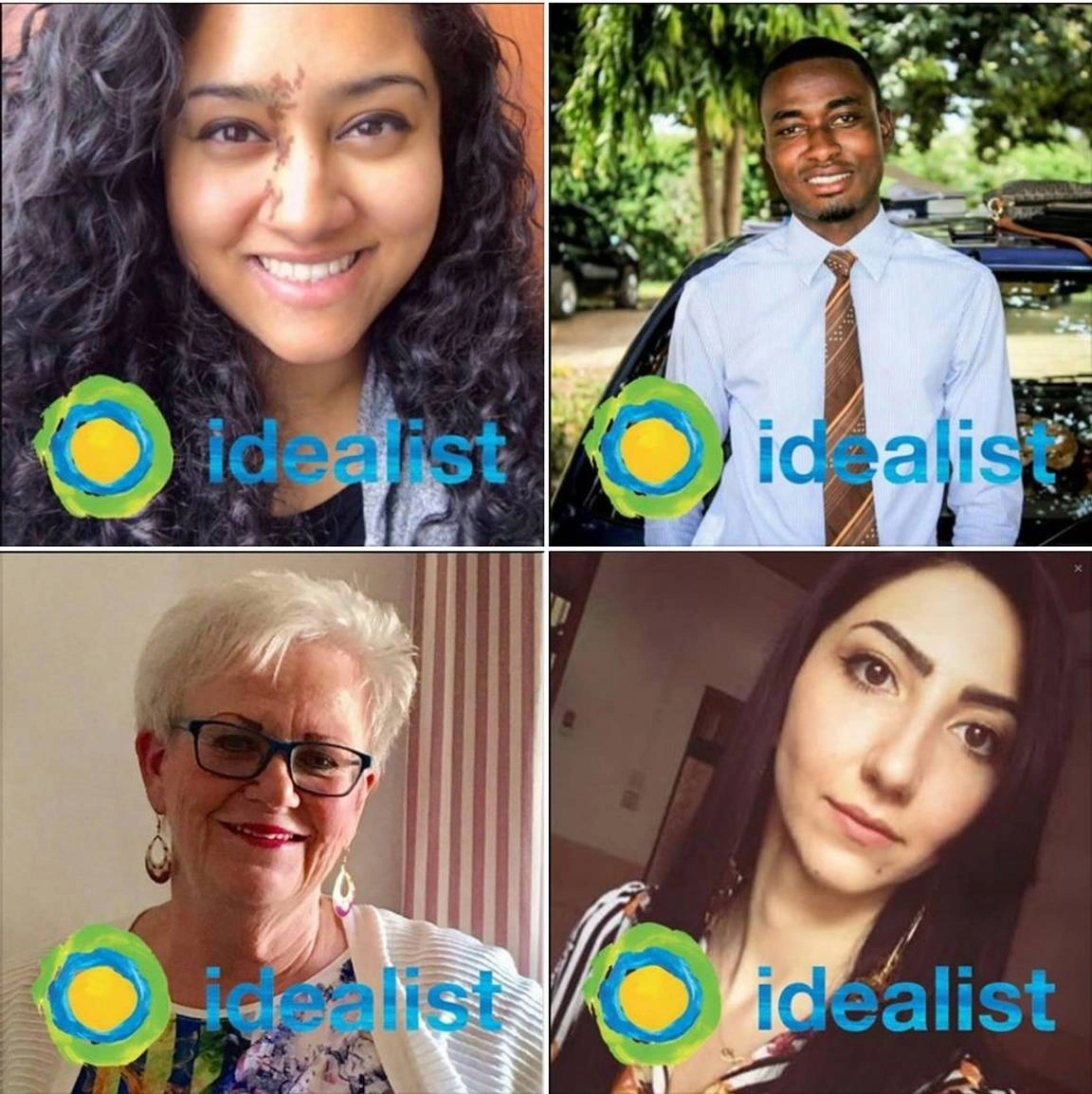 Four people smile at the camera with the Idealist logo in front of them.
