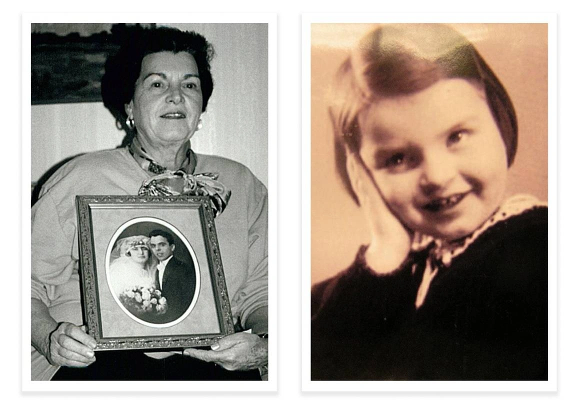 Gitta with her parents' wedding photo, and a photo of young Gitta.