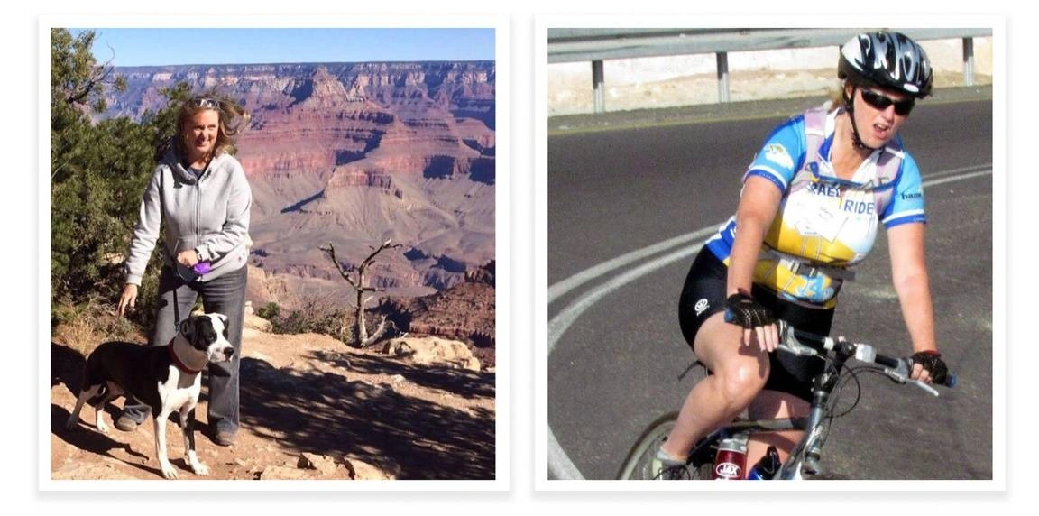 Jillene Moore walking her dog near the Grand Canyon in one picture and riding a bike in a marathon in another.