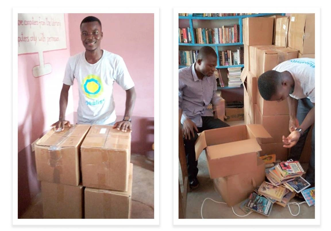 Solomon dropping off books on Idealist Day 6/6 at a community in Ghana.