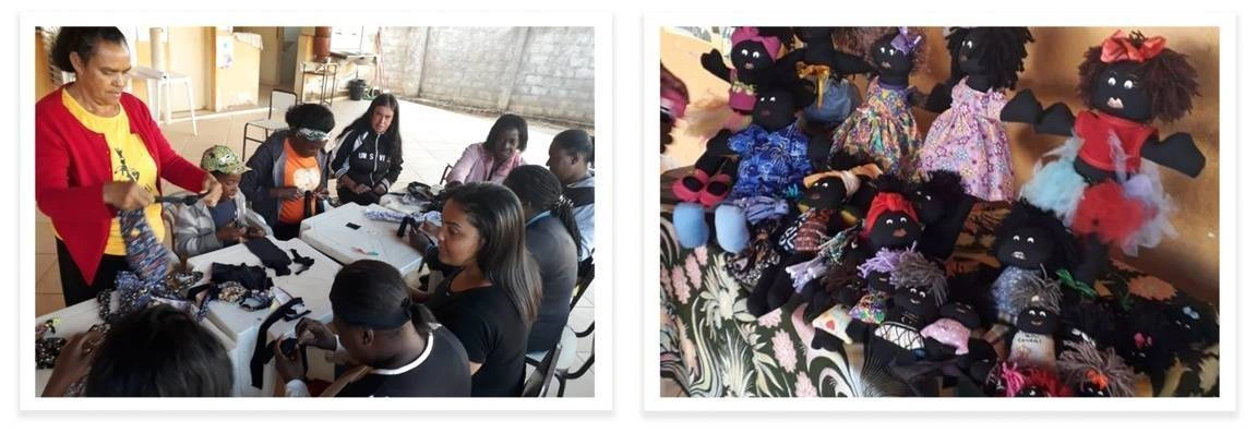 Left: A group of people creating dolls. Right: Handmade Dolls