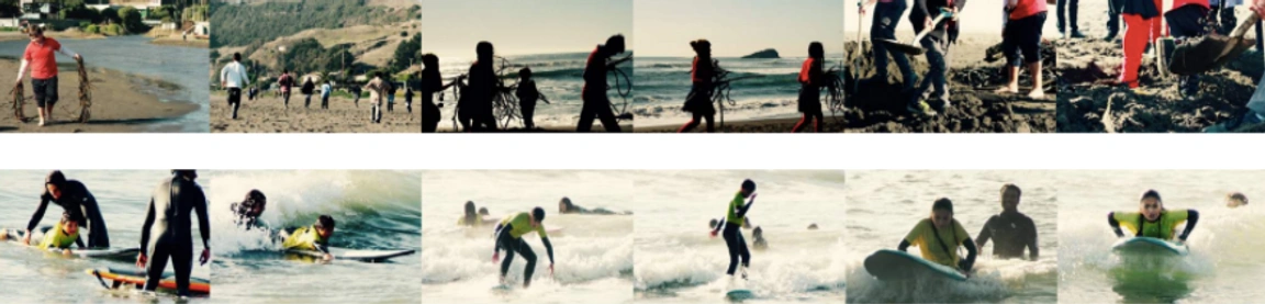 A collage of people surfing.
