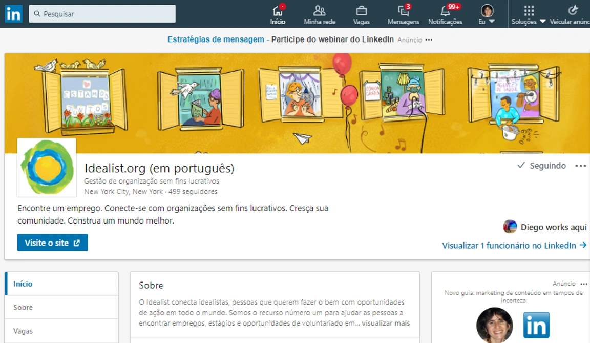 A screenshot of the Idealist's Portuguese LinkedIn profile.