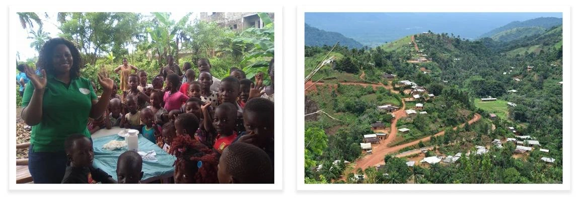 Left: Leontine Sinda, an idealist and humanitarian in Cameroon, Africa. Right: Ehuet, a village in Cameroon.