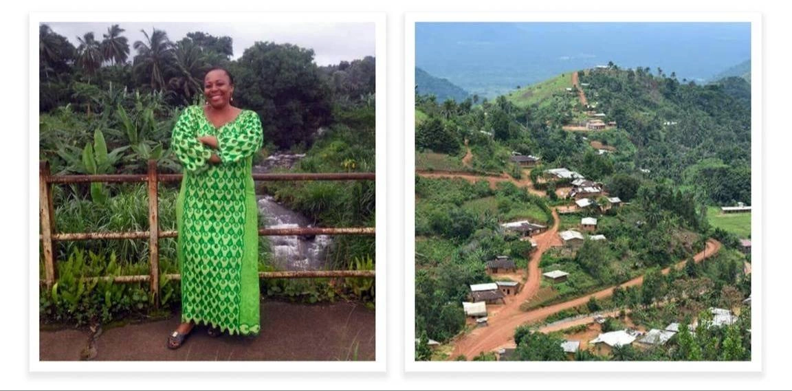 Leontine Sinda stands in front of a railing with a waterfall behind in one photo. In the next photo is her home village.