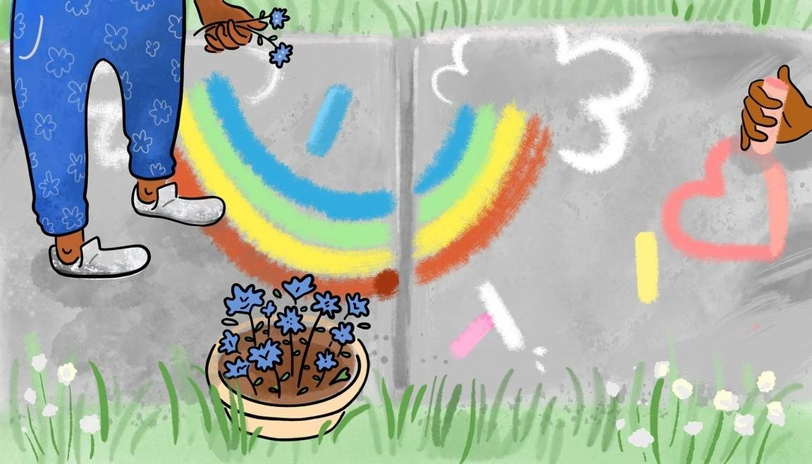 An illustration of chalk art and young children
