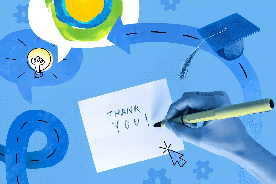 A "thank you" note, a graduation cap, and the Idealist logo.