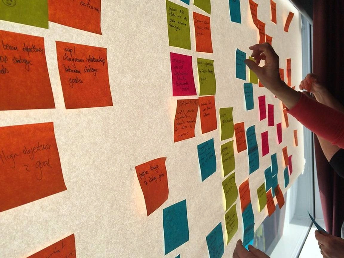 personas planificando con papeles de colores en una pared