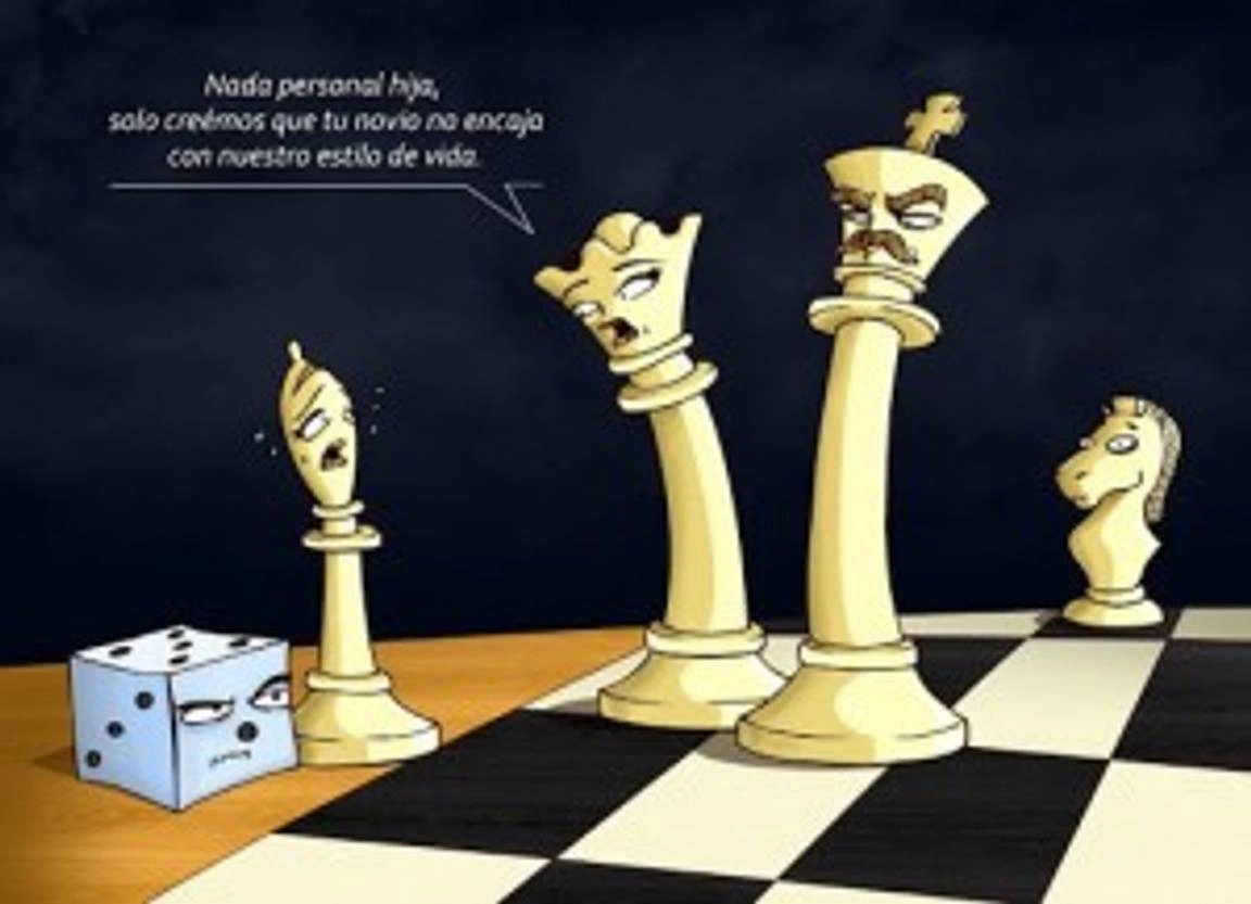 A cartoon of chess pieces talking to each other.